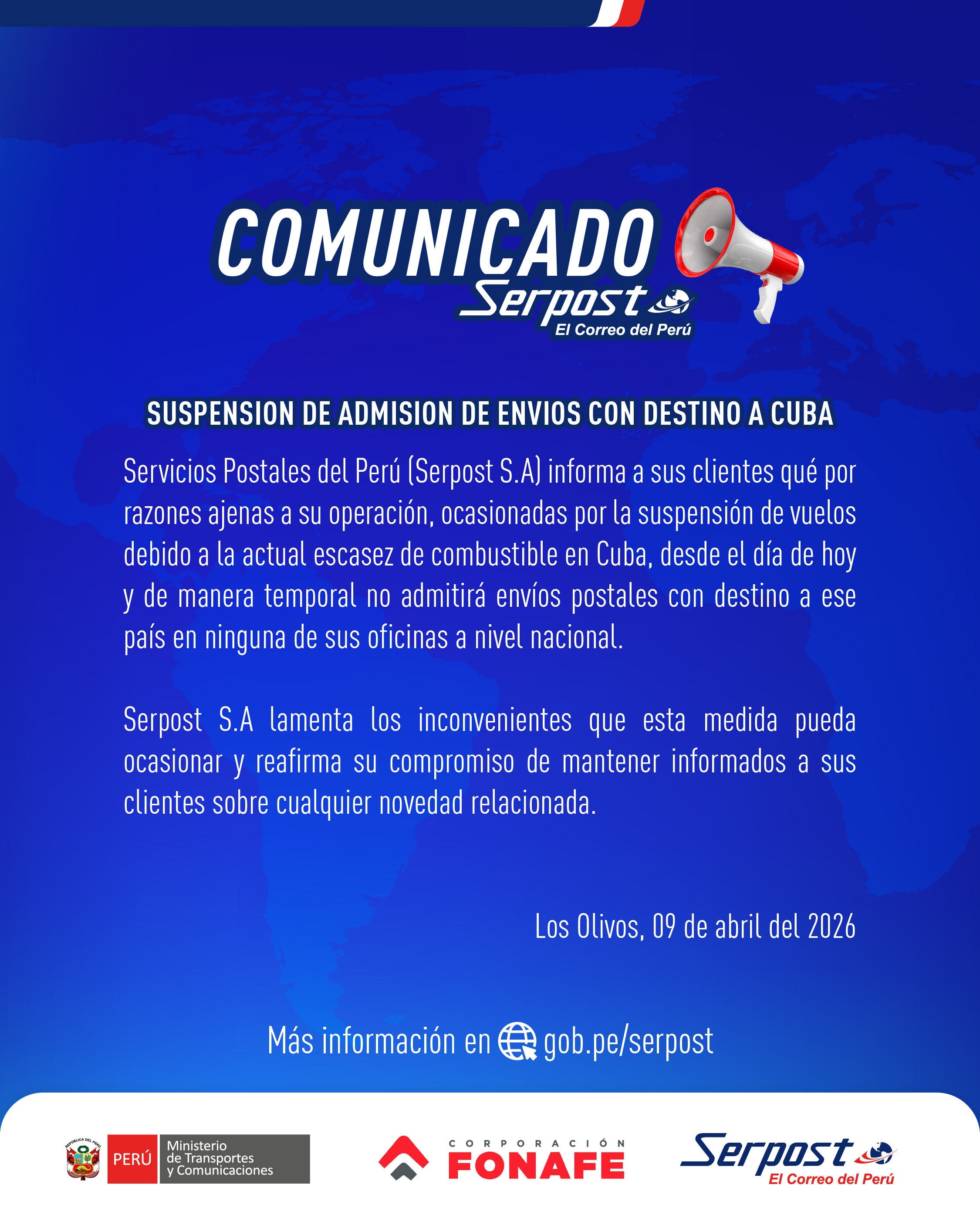 Aviso de suspensión de envíos a Cuba